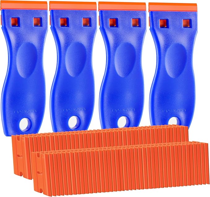 4 PCS Plastic Razor Blade Scraper and 120 PCS Plastic Razor Blades, Cleaning Scraper Tool for Remover, Adhesive, Stickers, Decals, Glass, Labels, Cars Windows