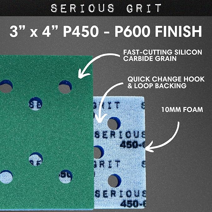 Serious Grit - 3" x 4" Foam Sanding Pads - P450-600 Finish Grit - 10mm Medium Density Foam - Hook & Loop Backing - Fits SurfPrep, Uneeda Ekasand & Mirka 3x4 Sanders ??Made in USA ??10 Pack