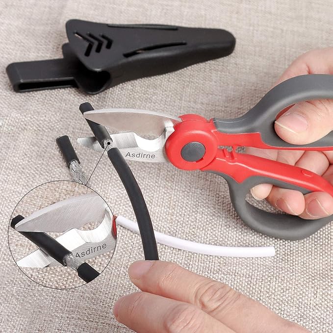 2 Pack Electrician Scissors, Heavy Duty Stainless Steel Sharp Blades and Soft Rubber Grip, Electrician Shears with Protective Cover, 6.1 Inch (Gray/Red)
