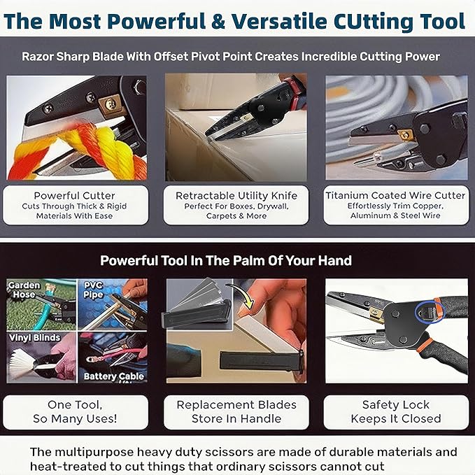 Multipurpose Heavy Duty Scissors All Purpose Utility Industrial Scissors - 6-in-1 Cutter with Safety Lock, Non-slip Handle, and Thread Trimming - Perfect for Soft Pipe, Fibre, Wood, Iron Wire, Box