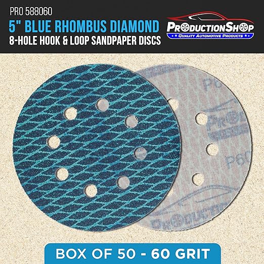 Premium 60 Grit 5" Rhombus Diamond Shape Blue Sanding Discs, 8-Hole, Box of 50 - Hook & Loop Anti-Clogging J-Cloth Dustless Sandpaper for Random Orbital Sanders, Sand Auto Paint, Wood