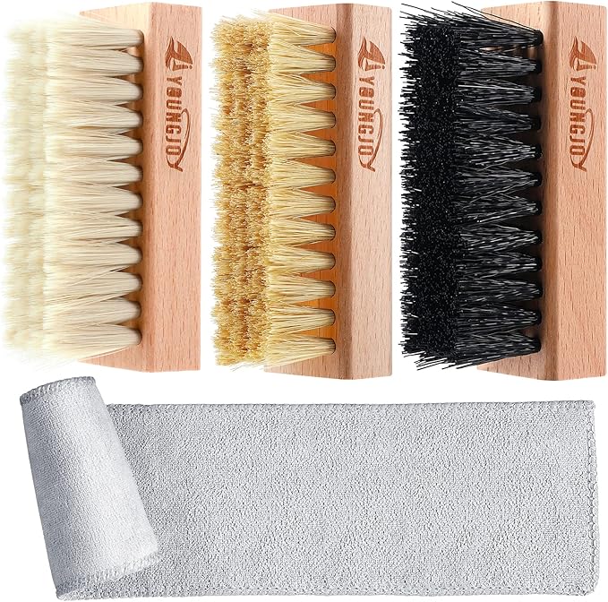 YoungJoy 3 Pieces Dual Sided Sneaker Shoe Cleaner Brush Set Shoes Clean Brush Kit Both Boar and Plastic Bristles with Microfiber Cloth (D)