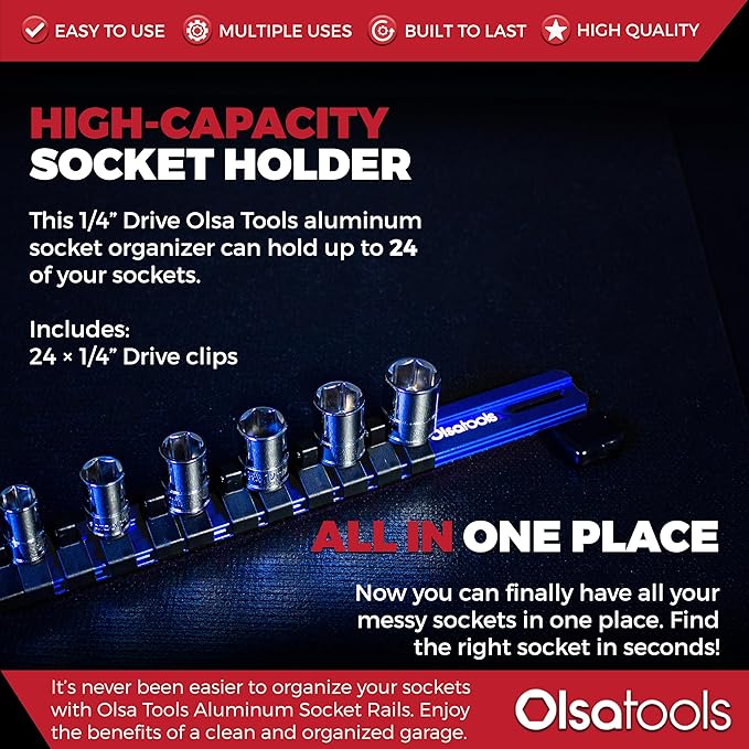 Olsa Tools Socket Organizer - 1/4-Inch Drive Socket Holder Rail - Blue Aluminum Track Stores 24 Chrome or Impact Sockets - Professional Grade Metric or SAE Socket Organizer - Part: 1013