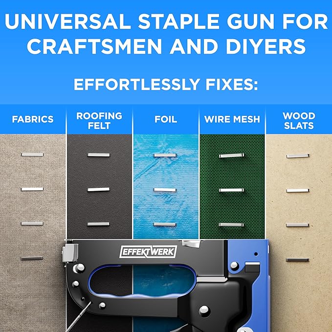E?줨erk - 5-in-1 Staple Gun Set - Heavy-Duty Stapler w/ 1500 Staples & Staple Remover for Wood, Fabric, Carpet & Wire Mesh - Hand Tacker w/Power Adjustment for Construction, Crafts & Upholstery Work