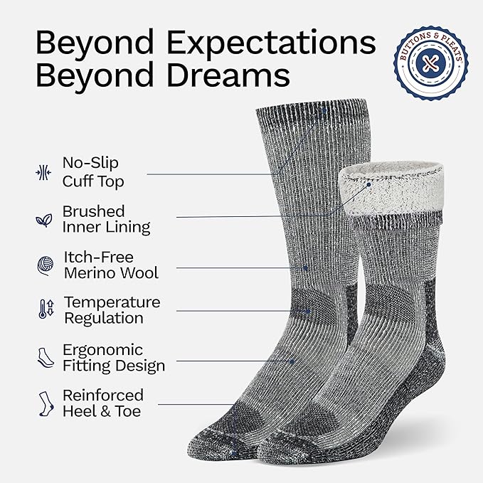 Buttons & Pleats Wool Socks for Men & Women Merino Thermal Warm Cozy Winter Boot Sock