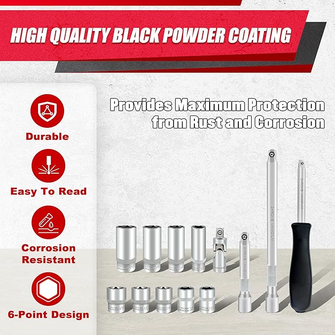 54pcs 1/4" Socket Set,Drive Impact Socket Set, SAE/Metric, Deep & Shallow with Universal Joint,Extension Bars,Hex Bit Holder, Spinner Handle,Ratchet,Cr-V Steel竊? Point竊?-14mm竊?/32-9/16 inch