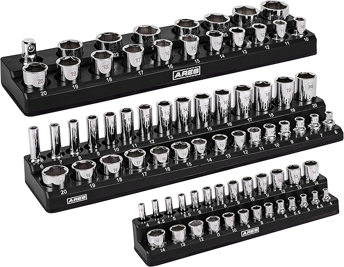 ARES 60034-3-Piece Black Metric Magnetic Socket Organizer Set - Includes 1/4-Inch, 3/8-Inch, and 1/2-Inch Socket Holders - Holds Standard Size and Deep Size Sockets - Keeps Your Tool Box Organized