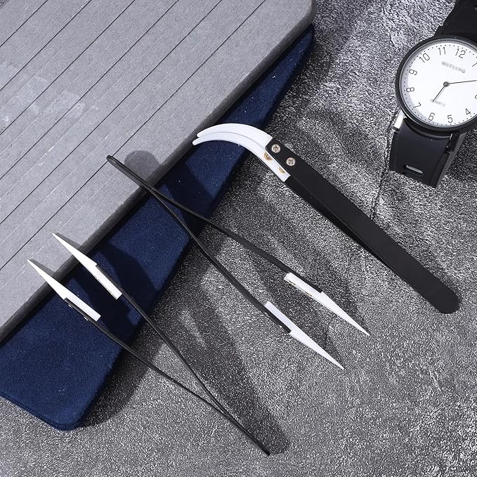 3 PCS Ceramic Tweezers, Electronics Tweezers, Reverse Tweezer Set, Non Conductive Heat Resistant Electronics Soldering Tweezers, Pointed Curved Tips for Pinching Coils, Jewelry, Watch Repair, Black