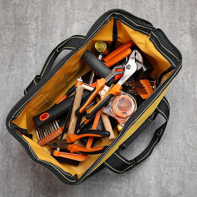 Sanwuta 3 Pack Tool Bag for Men with Waterproof Hard Bottom, Heavy Duty Tool Bag Wide Mouth Tote for Various Instrument, Electrician Carpenter Mechanic(Yellow,13 Inch,Classic)