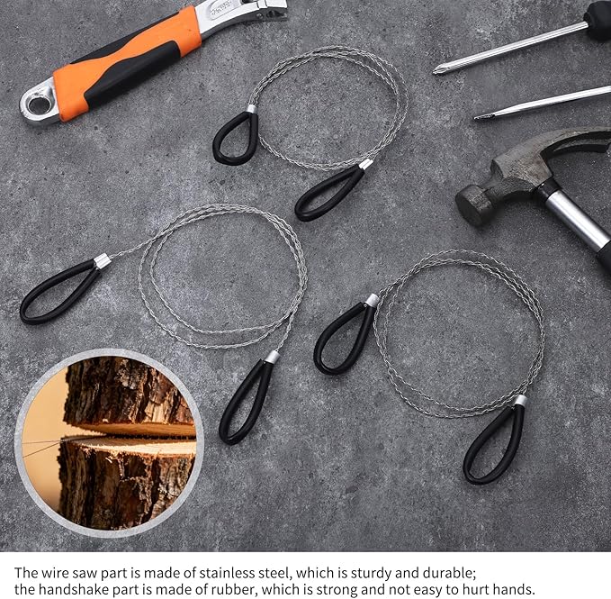 3 PCS Stainless Steel Cable Saw, Hand Pocket Metal Wire Saw PVC Pipe Cable Cutting Tool, Emergency Survival Portable String Coping Rope Saws for Wood Camping Hiking Hunting, Black, 27.6 In