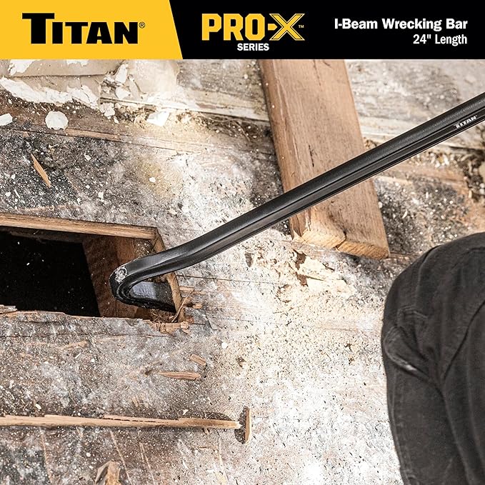 Titan Pro-X 63800 24-Inch I-Beam Wrecking Bar with Curved Gooseneck Design, Fully Hardened High Carbon Steel Construction, Angled Chisel End, Flat Striking Target