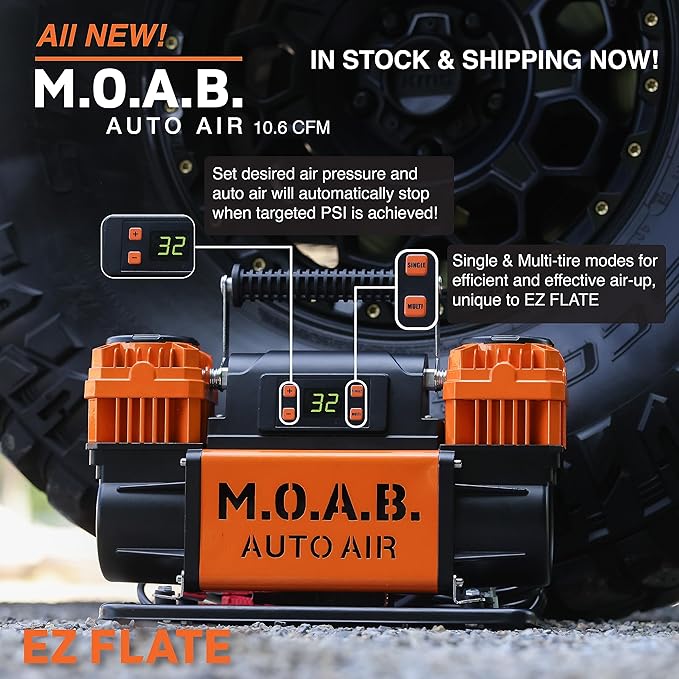 EZ FLATE M.O.A.B. Auto Air Compressor w/LCD Display, Set Target Pressure, dual air compressor, 10.6 CFM Offroad Air Compressor 4x4, 150 PSI, Inflator With Pressure Gauge