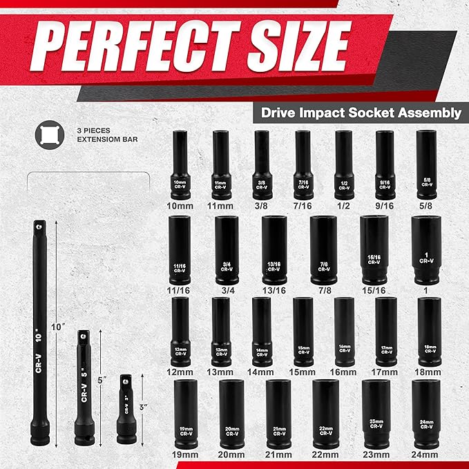 29pcs 1/2" Socket Set, Drive Deep Impact Socket Set, Including 3 ", 5", 10" Impact Extension Bar, Standard SAE (3/8 "- 1") and Metric (10mm-24mm), Cr-V Steel