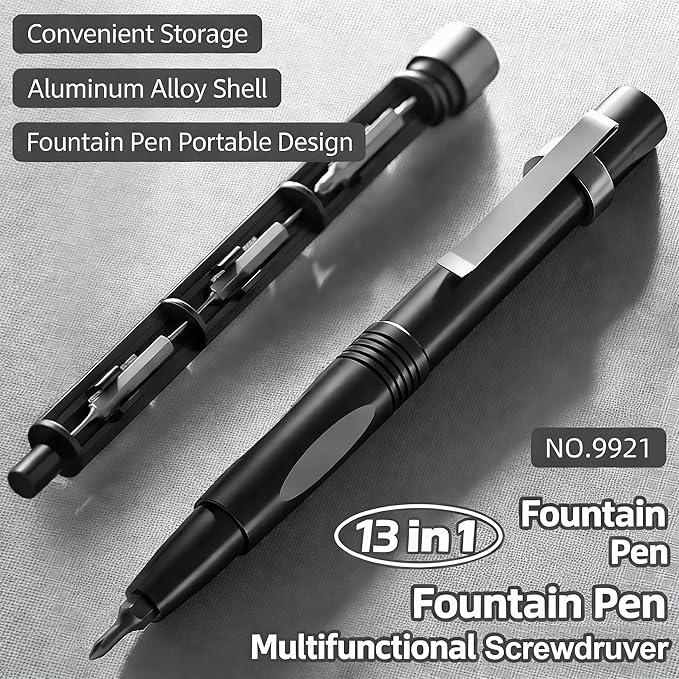 13 in 1 Magnetic Precision Screwdriver Pen, Aluminum EDC Mini Screwdriver Set with 6 Double-Ended Bits, Hidden Storage Design for Eyeglasses, Watches, iPhone, Laptop & Electronics Repair (13IN1-Black)