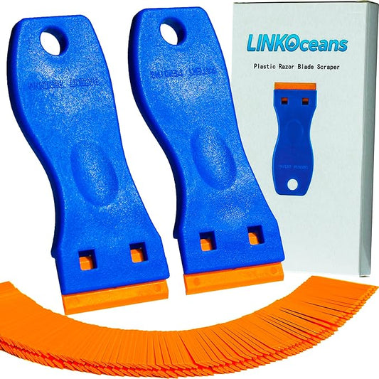 Plastic Razor Blade Scrapers with 100 Blades ??LINKOceans Safe Adhesive Remover for Stickers, Decals, Labels, Caulk & Gaskets on 3D printer beds,Glass,car or Windows Non Scratch Cleaning Tool