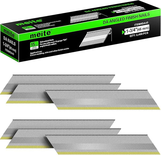 meite 15 Gauge Angled Finish Nails 1-3/4 Inch 34 Degree Nails for Pneumatic Electric Finish Nailer Gun, Galvanized No-Rust Finishing Nail for Cabinet Crown Baseboard Door Trim, DA Series 2,400 PCS