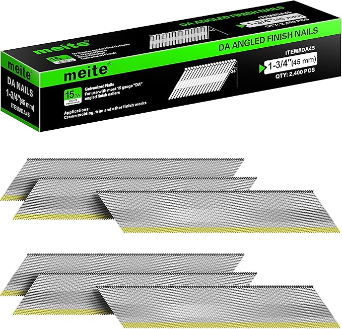 meite 15 Gauge 34 Degree Angled Finish Nails, 1-3/4 Inch Leg Galvanized No-rust DA Nails for Nailer Gun, Glue-Collated Trim Nails for Baseboard Crown Cabinet Window Molding, 2 Boxes x 2,400PCS