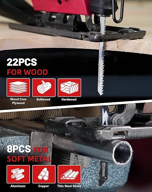 EZARC Jigsaw Blades Set 30pcs with Storage Case, Assorted T-Shank Replacement Jig Saw Blades for Cutting Wood, Plastic and Metal