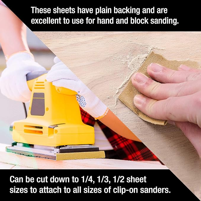 Dura-Gold Premium 9" x 11" Gold Sandpaper Sheets, 80 Grit (Box of 8) - Wood Furniture Woodworking, Automotive Paint - Full-Size Cut to Use on 1/4, 1/3, 1/2 Sheet Finishing Sanders, Hand Sanding Block