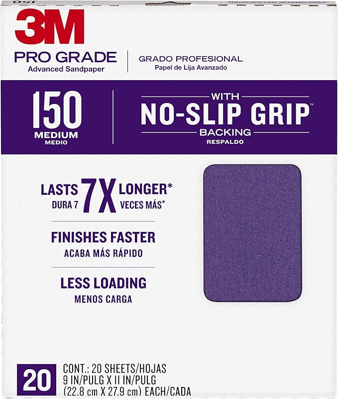 3M Advanced Sandpaper, 20-Pack, 150 Grit, 3M Pro Grade Precision, Features No-Slip Grip Backing, 9-in x 11-in, For Sanding Wood, Drywall, or Metal, Can be Used on Wet or Dry Surfaces (‎26150CP-P-G)