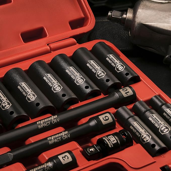 EPAuto 1/2-Inch Drive Metric (10-24 mm) Deep Impact Socket Set | Extension Bar | Universal Joint, Cr-V, 6 Points, 19 Pieces