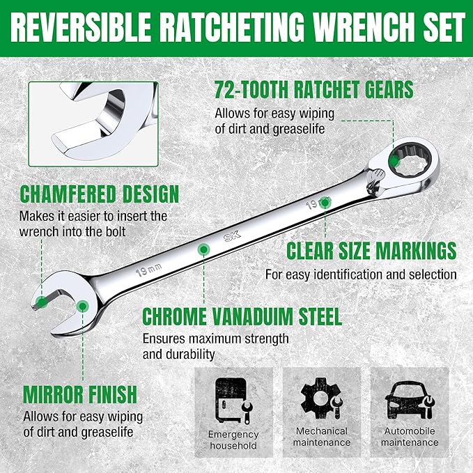 SK Reversible Ratcheting Wrench Set, Combination Wrench Set, 16-Piece, Metric, 72-Tooth, Premium CR-V Construction, with Rolling Pouch