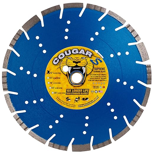 Cougar S 12 Inch Concrete Diamond Blade, Supreme Segmented Blade, Dry/Wet Fast Cutting High-PSI Concrete, Asphalt, Green Concrete, Stone, 1"-20mm Arbor