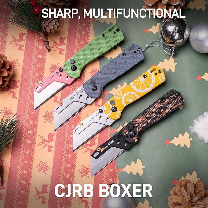 CJRB Boxer Folding Utility Knife, Button Lock EDC Pocket Knife with G10 Handle, Includes 10PCS Total Blades(J1967 Watermelon Green)