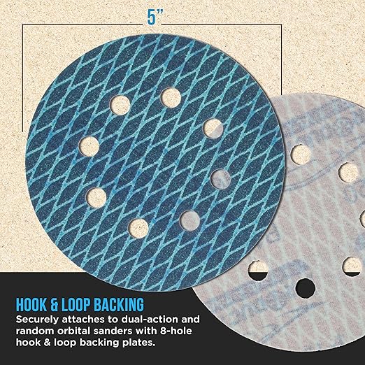 Premium 120 Grit 5" Rhombus Diamond Shape Blue Sanding Discs, 8-Hole, Box of 50 - Hook & Loop Anti-Clogging J-Cloth Dustless Sandpaper for Random Orbital Sanders, Sand Auto Paint, Wood