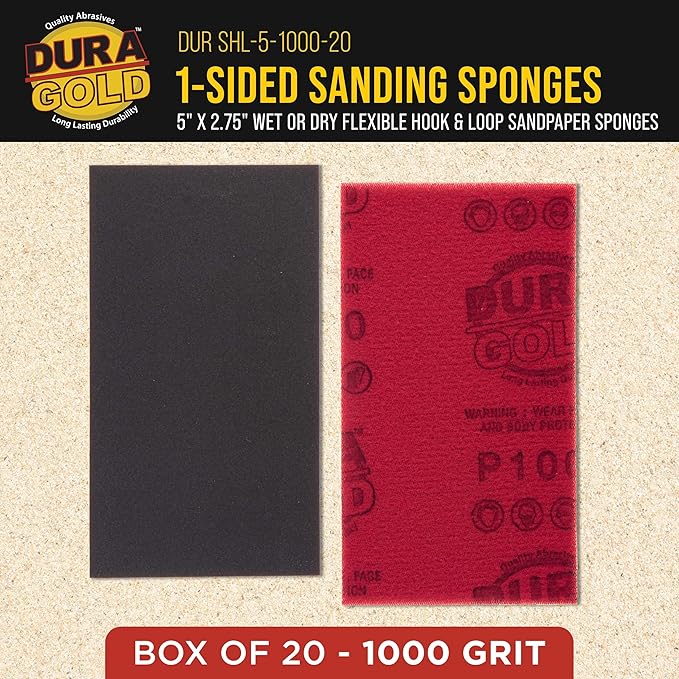 Dura-Gold 1000 Grit 5" x 2-3/4" Sanding Sponges, Box of 20 - Performance Hook & Loop Wet or Dry Flexible Sandpaper Sponge Pads - for Hand Sanding Blocks, Palm Sanders - Polish Metal, Auto Paint, Wood