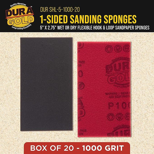 Dura-Gold 1000 Grit 5" x 2-3/4" Sanding Sponges, Box of 20 - Performance Hook & Loop Wet or Dry Flexible Sandpaper Sponge Pads - for Hand Sanding Blocks, Palm Sanders - Polish Metal, Auto Paint, Wood