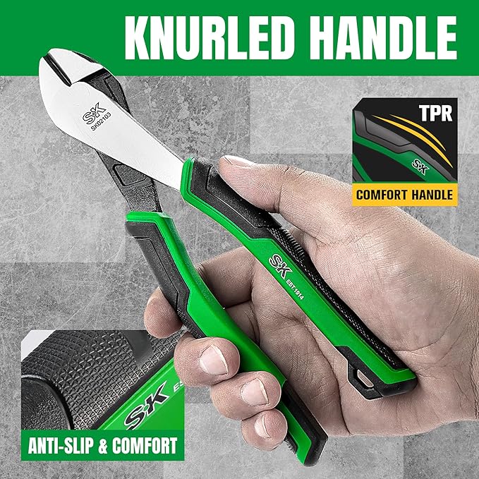 SK 8-Inch Diagonal Pliers, Heavy Duty Side Cutters, High Carbon Steel, Ergonomic Anti-slip Handle for Comfortable Grip