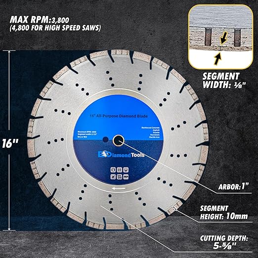 16" All Purpose Diamond Saw Blades for Hard/Reinforced Concrete, Asphalt, Granite, Terrazzo, Ductile Iron Piping, 5-5/8" Cutting Depth, 1" Arbor