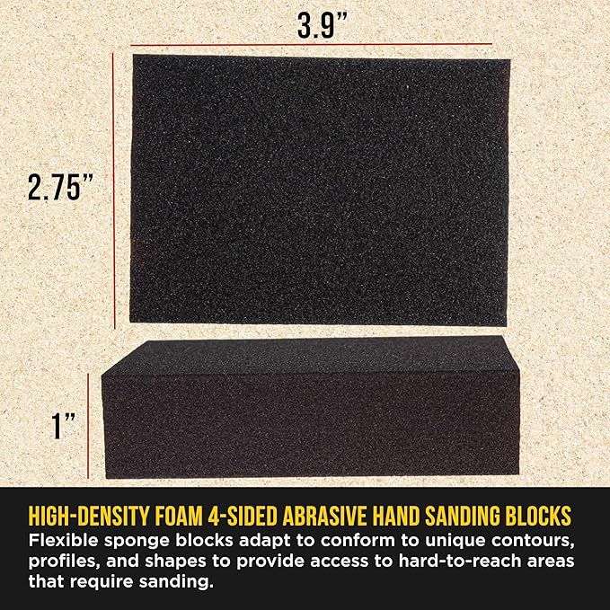 Dura-Gold 120 Grit 4-Sided Hand Sanding Block Sponges, Box of 6 - Performance Flex 3.9" x 2.75" x 1" Wet or Dry Flexible Sandpaper Abrasive Brick Pads, Reusable - Sand Wood, Drywall, Metal, Auto Paint