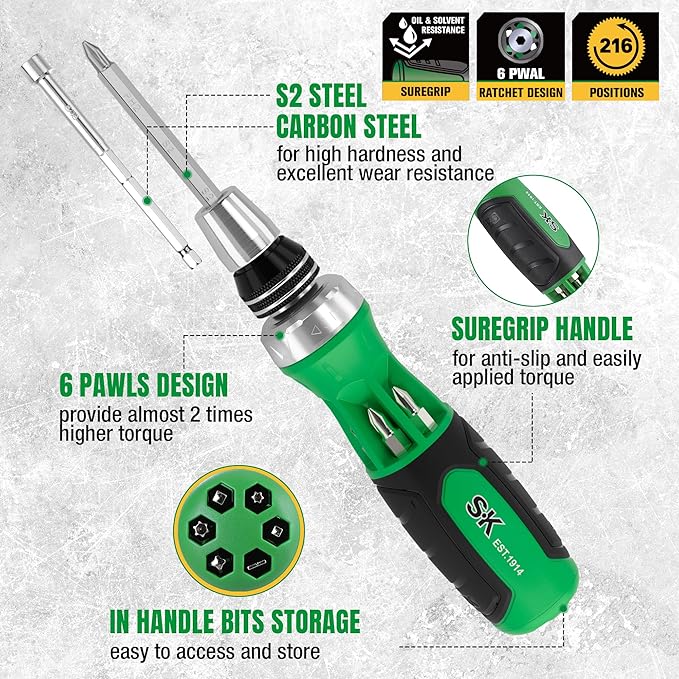 SK 22-in-1 Ratcheting Screwdriver with Nut Drivers, 216-P Multi-bit Screwdriver, Phillips, Slotted, Star, Square Bits Stored in Handle, Organized in Storage Toolbox