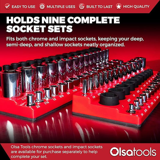 Olsa Tools Magnetic Socket Organizer | 6pc Socket Holder Kit | 1/2-Inch, 3/8-Inch, & 1/4-Inch Drive | Socket Organizers For Toolboxes | Blue | Holds 273 | Professional-Grade Tool Organizer | Part 1669