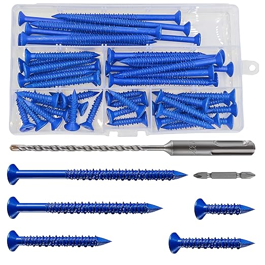 WenSilon(100 PCS) 3/16" Concrete Screw Anchor Kit Blue Flat Head for Anchoring to Masonry, Block or Brick Stucco