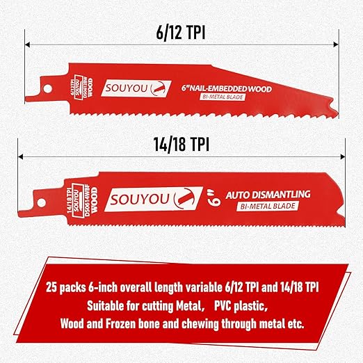 25 Pack 6 in 14/18 TPI Bi-Metal Reciprocating Saw Blades with Organizer Carbide Alloy Steel for Automobile Dismantling Metal Steel Cutting Non-Stick Coated for Less Heat for 1/16-5/16 Medium Metals