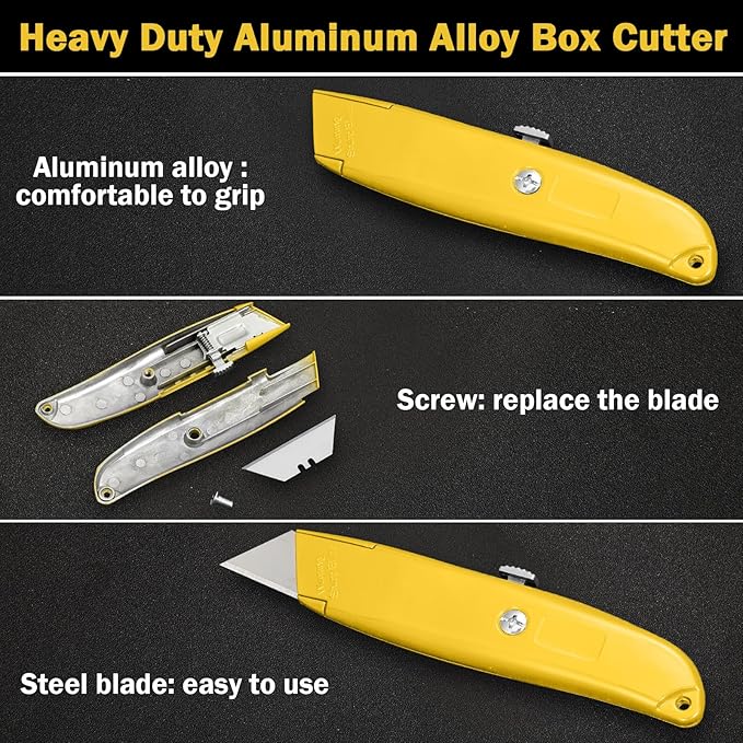 Reginary 20 Pcs Box Cutter Bulk Retractable Utility Knife Heavy Duty Aluminum Alloy Razor Knife for Cardboard Box Carton Opener for DIY, Factory, Home Office(Yellow)