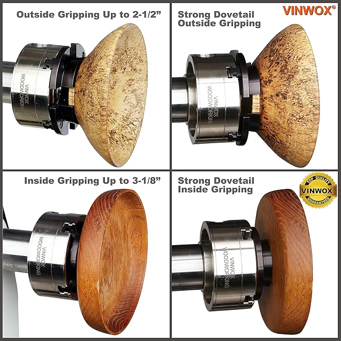 3-3/4INCH 4-Jaw Self-Centering Wood Lathe Chuck, 2" Round Jaw Mounted, 1"x8TPI thread & 3/4"x16TPI Adapter, Tightening Key, T Allen Wrench, Screw Chuck, SCK4-3.75, Nickle electric Coating Body