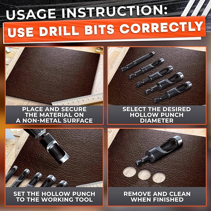 Leather Hole Punch Set - 6 Pcs Drill Bits Set 3/16" 1/4" 5/16" 3/8" 7/16" 1/2" - High-Precision Leather Punch Tool for Belts, Fabric and Crafts - Durable Carbon Steel Tools for Hobby & DIY Use