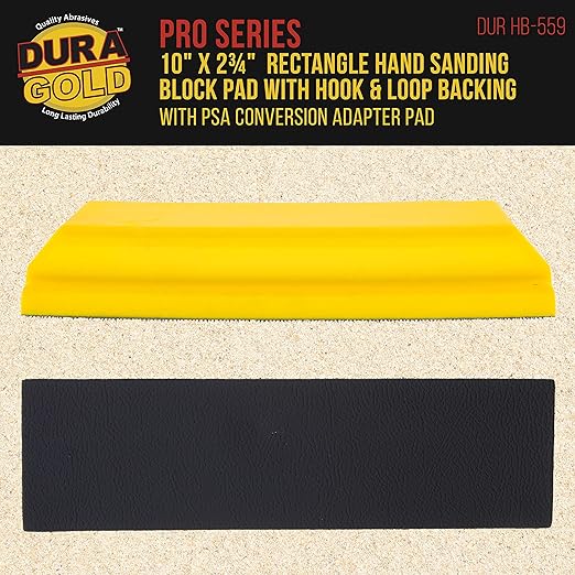 Dura-Gold Pro Series Rectangle 10" x 2-3/4" Hand Sanding Block Pad with Hook & Loop Backing and PSA Sandpaper Conversion Adapter Pad - Automotive Paint Prep Sand Shape Contour Woodworking Furniture