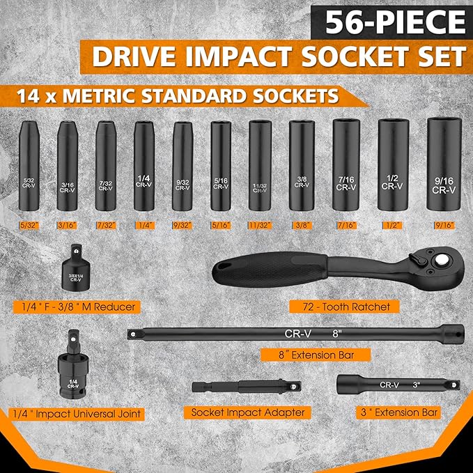 1/4" Drive Impact 56-Piece Socket Set, Standard SAE (5/32 to 9/16 inch) & Metric (4-15mm), 6 Points, CR-V, 1/4-Inch Drive Ratchet Handle, Drive Extension Bar & Impact Universal Joint with Case