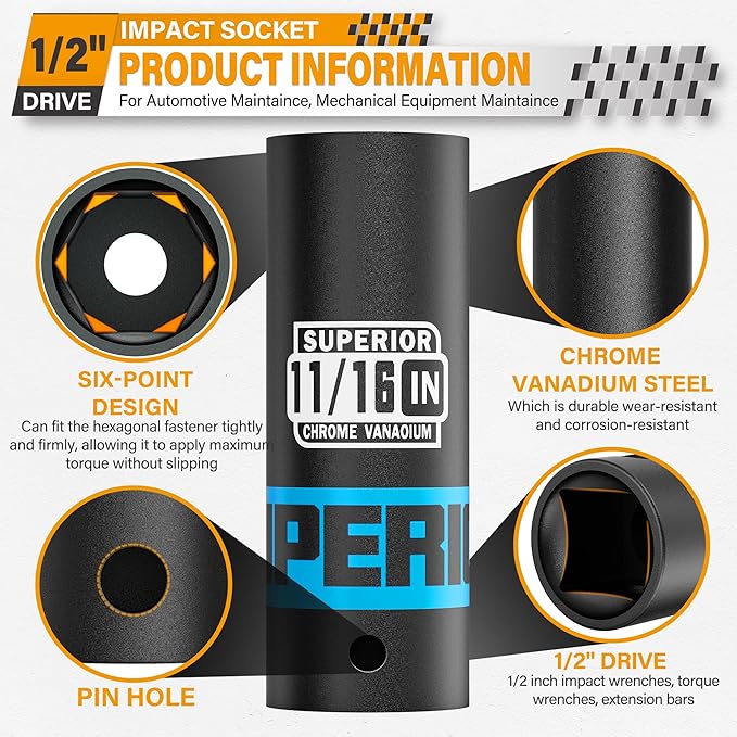 1/2" Drive Impact Socket, 11/16 inch Deep Socket, SAE, 6 Point, CR-V, for Car Repair, Loosen the Fastening Nut