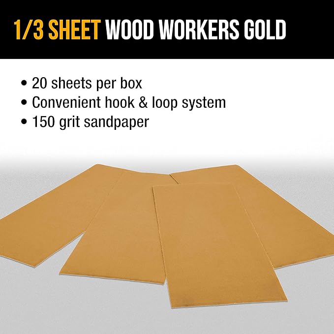 Dura-Gold Premium 1/3 Sheet Gold Sandpaper Sheets, 150 Grit (Box of 20) - 3-2/3" x 9" Size Hook & Loop Backing, Wood Furniture Woodworking, Auto Paint - Jitterbug Sanders, Clip-On, Hand Sanding Blocks