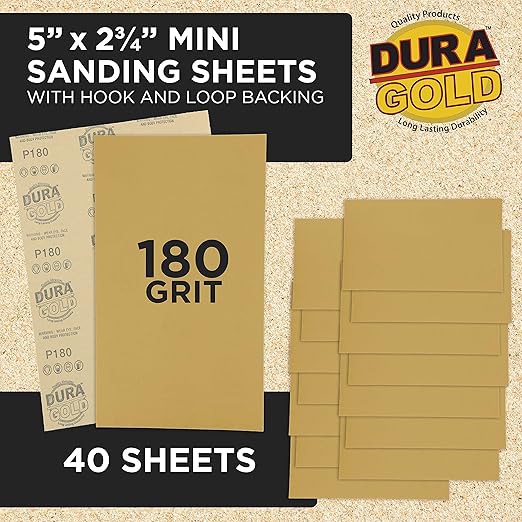 Dura-Gold Premium 5" x 2.75" Gold Sandpaper Sheets, 180 Grit (Box of 40) - Hook & Loop Backing, Wood Furniture Woodworking, Auto Paint - for Palm Sanders, Clip-On, Hand Sanding Blocks