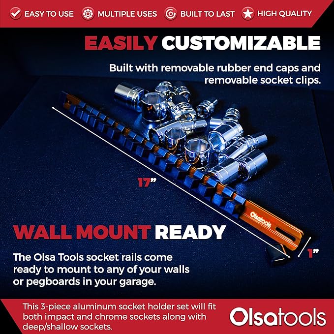 Olsa Tools Aluminum Socket Organizer, 3pc Set - Orange Socket Holder Kit 1/2-Inch, 3/8-Inch, and 1/4-Inch Drive - Holds 58 Chrome or Impact Sockets - Professional Grade Socket Rails - Part: 1106
