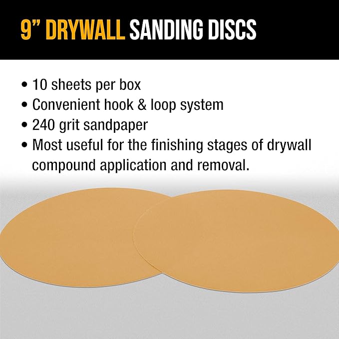 Dura-Gold Premium 9" Drywall Sanding Discs - 240 Grit (Box of 10) - High-Performance Sandpaper Discs with Hook & Loop Backing, Fast Cutting Aluminum Oxide Abrasive - for Drywall Power Sander, Wood