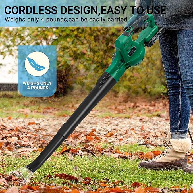 20V Cordless Leaf Blower with Battery and Charger, Leaf Blower Battery Operated, Variable Speed with 2 Tubes for Patio, Leaves Blowing-Green