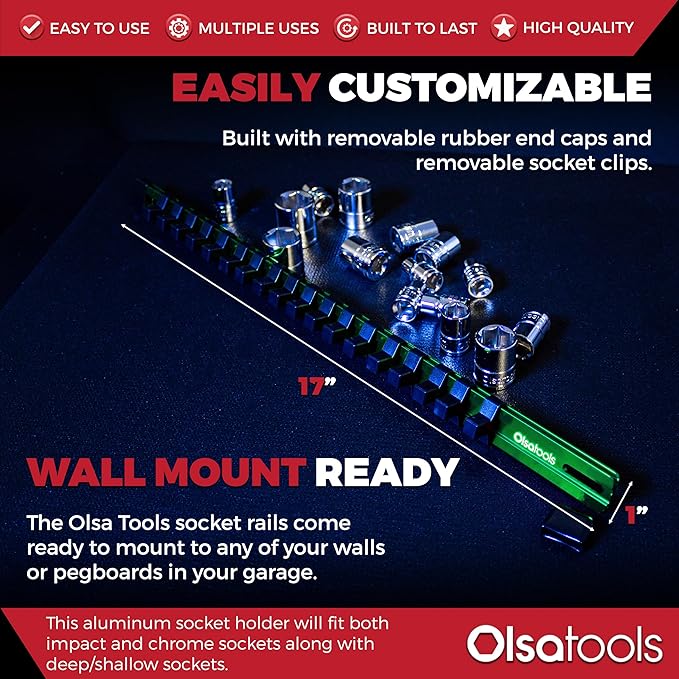 Olsa Tools Socket Organizer - 3/8-Inch Drive Green Holder - Stores 18 Chrome or Impact Sockets - Durable Rail Storage for Mechanics - Professional Grade Metric or SAE Socket Organizer - Part 1014